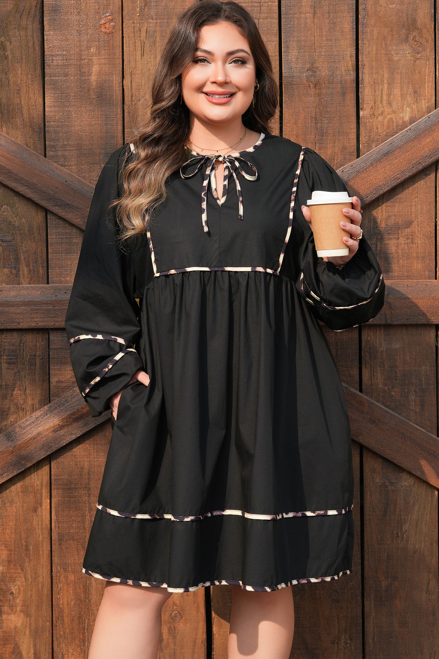 Black Plus Size Long Sleeve Leopard Contrasted Trim Tie Neck Flared Mini Dress Black / 4X / 50%Cotton+50%Lyocell
