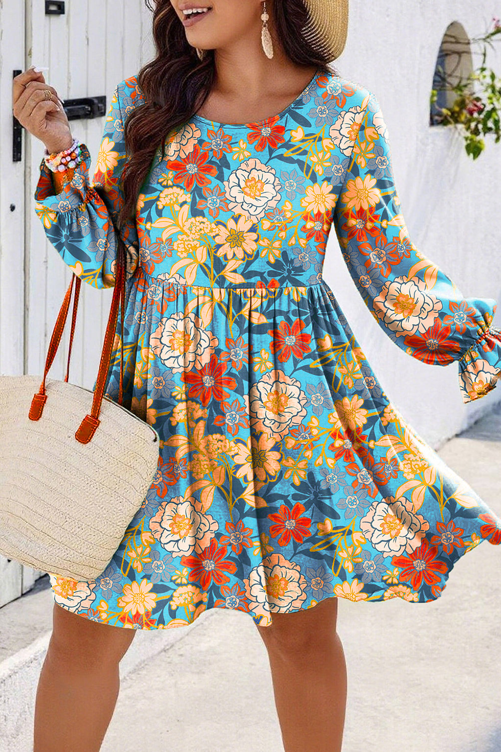Blue Plus Size Floral Ruffled Long Sleeve Flowy Mini Dress Blue Plus Size Floral Ruffled Long Sleeve Flowy Mini Dress