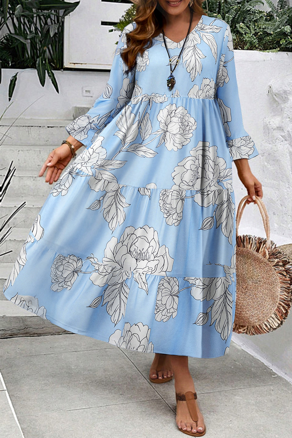 Sky Blue Floral Bell Sleeve V Neck Plus Size Tiered Maxi Dress Sky Blue Floral Bell Sleeve V Neck Plus Size Tiered Maxi Dress