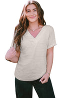 Pale Khaki Solid Color V-Neck Textured Blouse