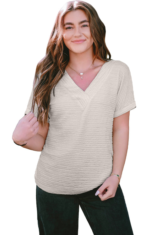 Pale Khaki Solid Color V-Neck Textured Blouse