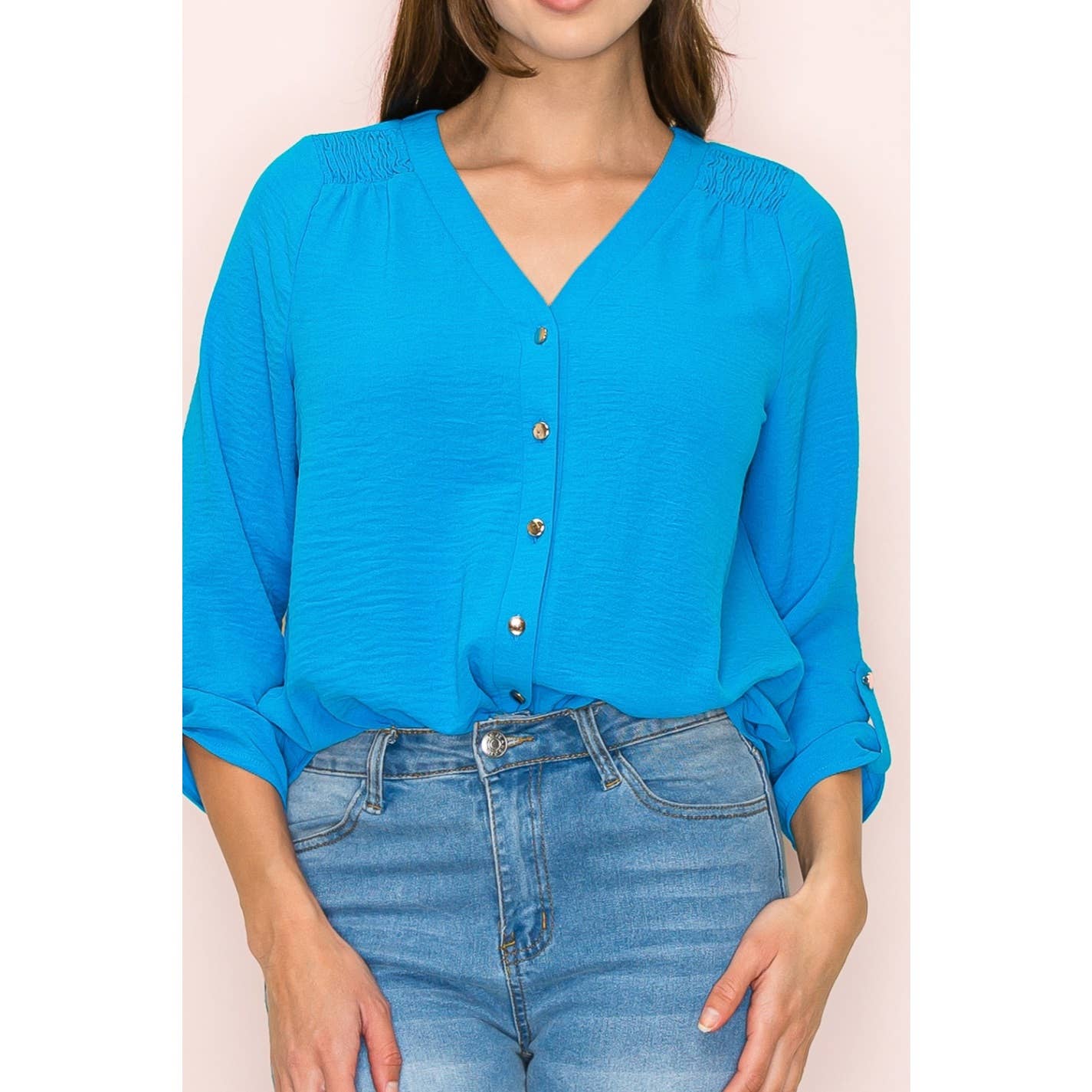 Perseption - VNECK AIR FLOW SMOCKING SHOULDER TIE FRONT SHIRT