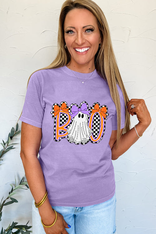 Wisteria Boo Checkered Ghost Heat Transfer Printing Crewneck Graphic Tee