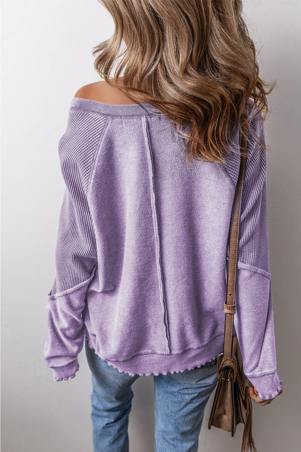 Orchid Petal Waffle Patchwork Raglan Sleeve Exposed Seam Sweatshirt