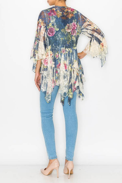 Origami Apparel ~  Lace and Crochet inspired - OLS-4618 BG/DENIM ROSE CARDIGAN