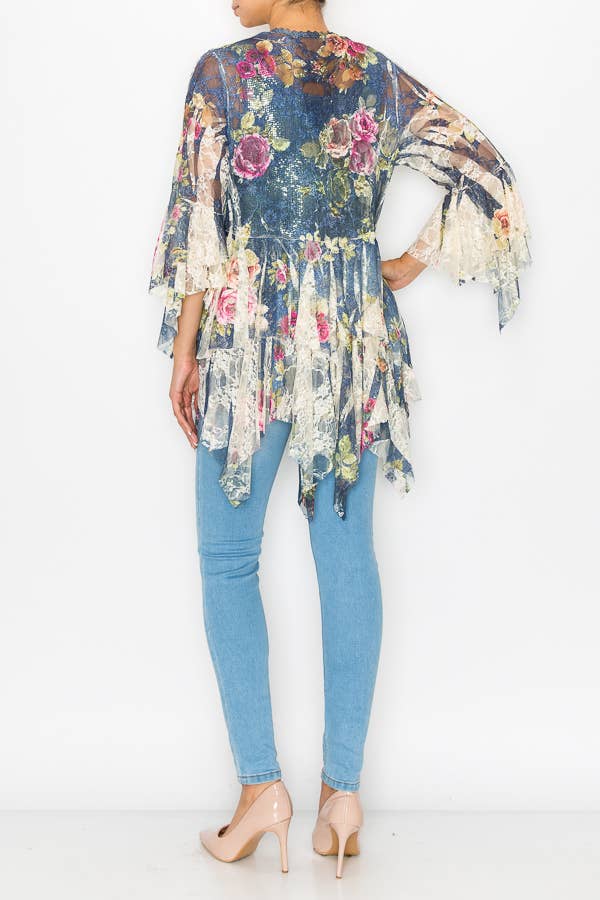 Origami Apparel ~  Lace and Crochet inspired - OLS-4618 BG/DENIM ROSE CARDIGAN