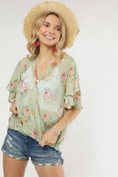 Madelyn - LYT14199A-PRINTED CROSS OVER FLARE SLEEVE TOP