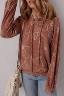 Brown Floral Twisted Rib Drawstring Kangaroo Pocket Hooded Top