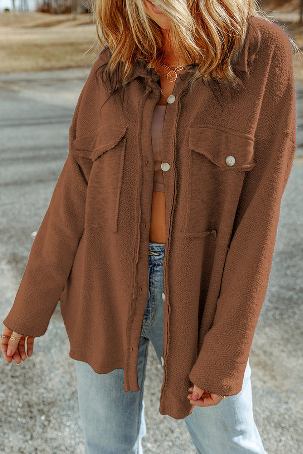 Red Textured Button Up Shirt Shacket with Flap Pockets