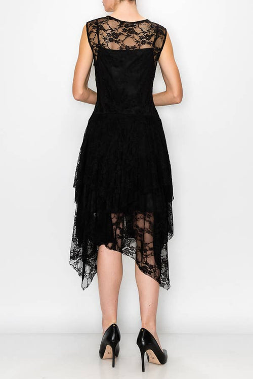Origami Apparel ~  Lace and Crochet inspired - Whimsical Sleeveless Lace Midi Dress With Unattached Slip - 4609BLACK