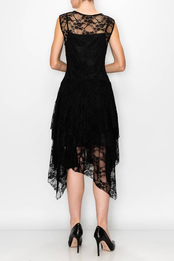 Origami Apparel ~  Lace and Crochet inspired - Whimsical Sleeveless Lace Midi Dress With Unattached Slip - 4609BLACK