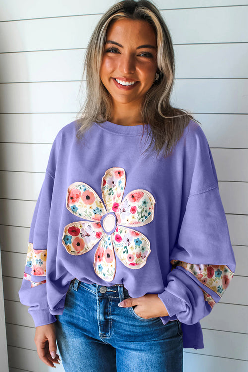 Peach Blossom Flower Applique Patchwork Drop Sleeve Pullover Sweatshirt