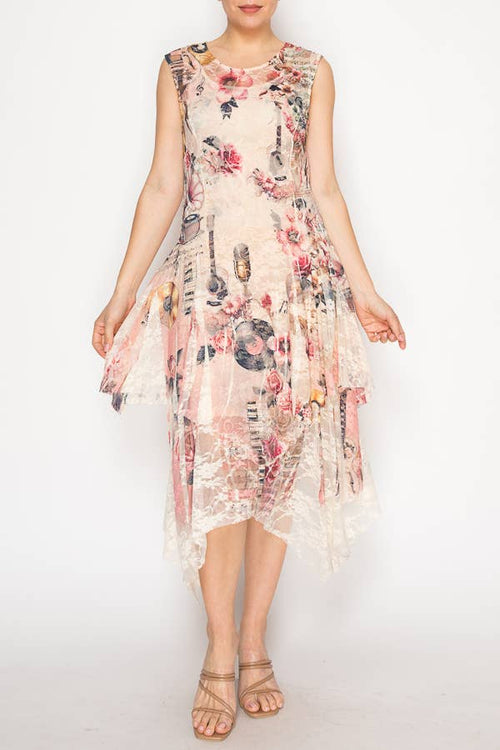 Origami Apparel ~  Lace and Crochet inspired - Whimsical Sleeveless Lace Midi Dress With Unattached Slip - 4609BG PK GUITAR