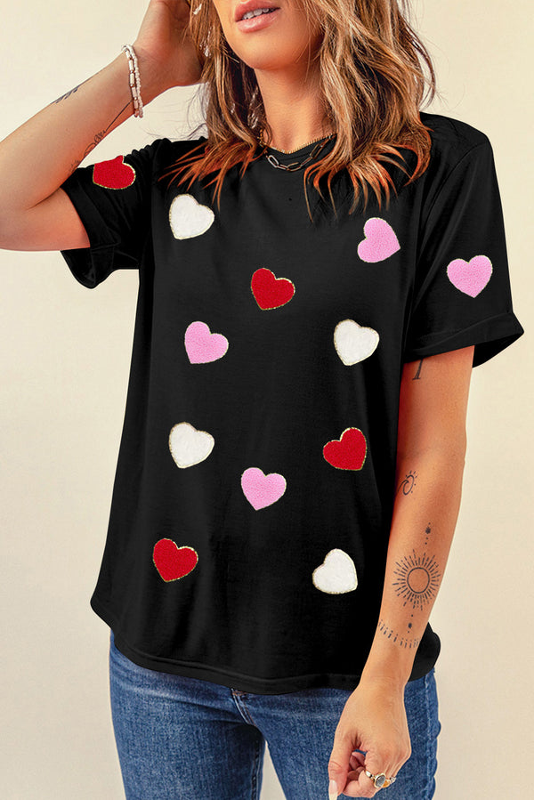 Black Valentines Chenille Heart Patched Pattern Crewneck Tee