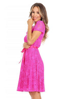 MOA COLLECTION - Women's Lace Short Sleeve A-Line Midi Dress