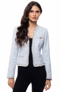 Adore - AD2652 Frayed Trim Tweed Open-Front Jacket
