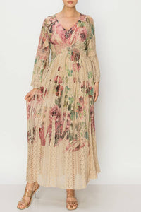 Origami Apparel ~  Lace and Crochet inspired - Romantic Lace Bell-Sleeved A-Line Midi Dress - 4658TP-BIG ROSE