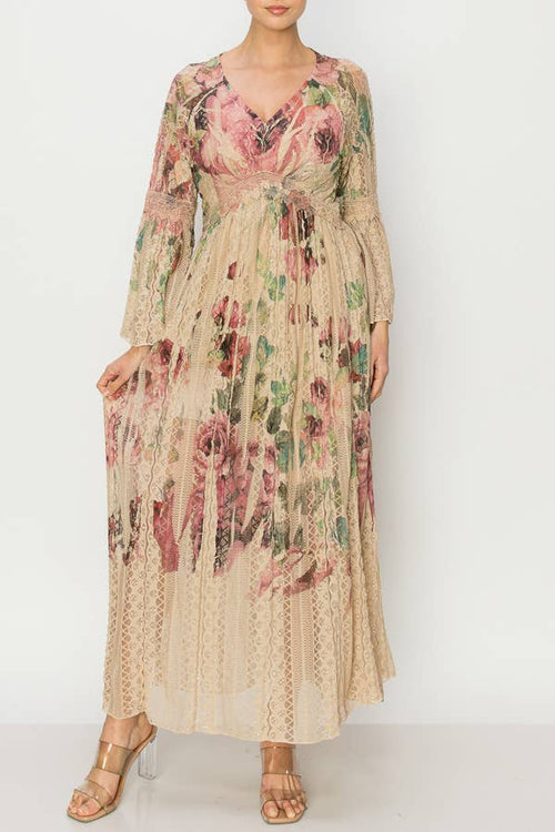 Origami Apparel ~  Lace and Crochet inspired - Romantic Lace Bell-Sleeved A-Line Midi Dress - 4658TP-BIG ROSE