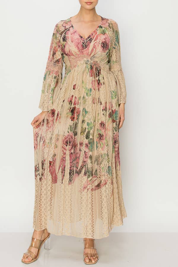 Origami Apparel ~  Lace and Crochet inspired - Romantic Lace Bell-Sleeved A-Line Midi Dress - 4658TP-BIG ROSE