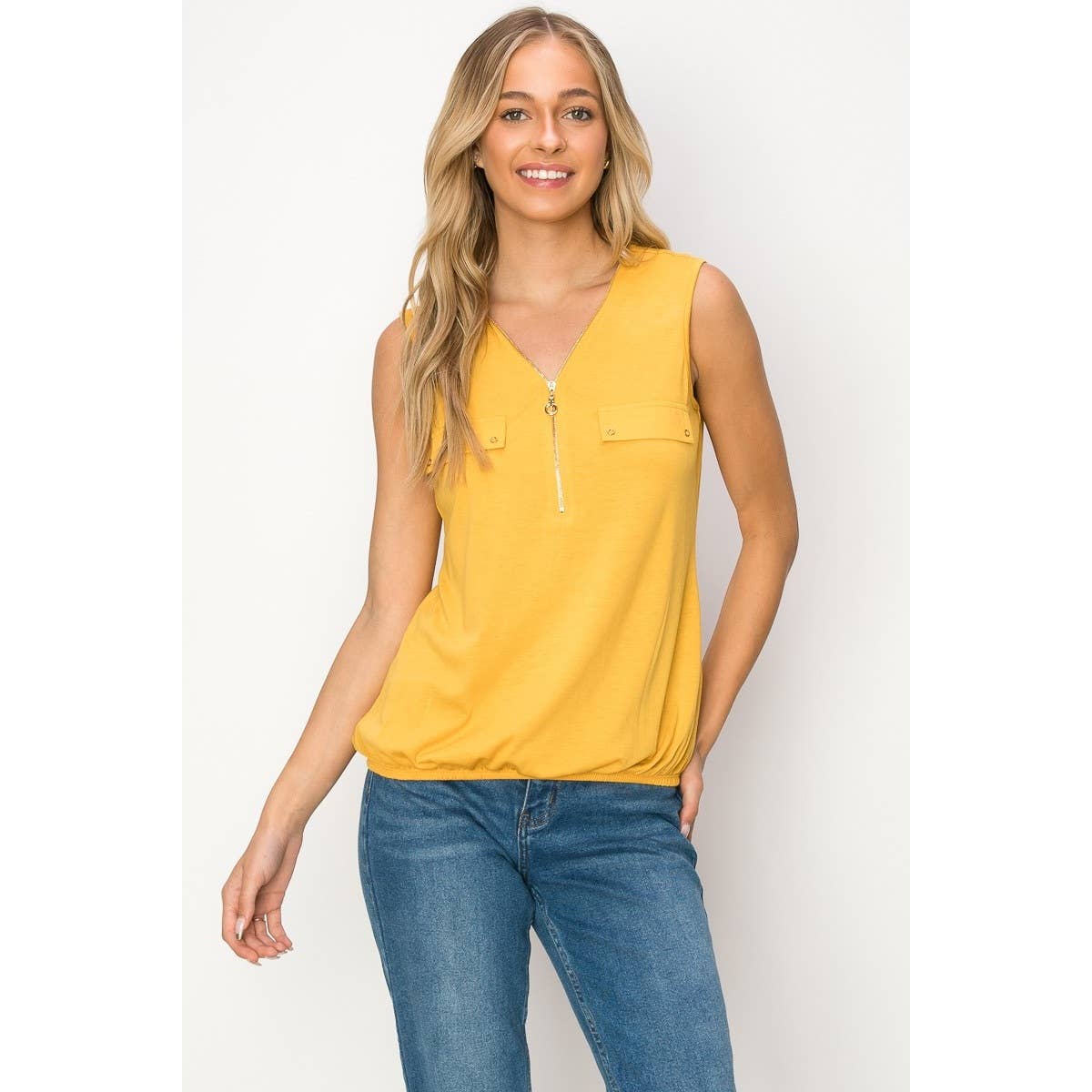 Perseption - Zipper Placket Front V Neck Sleeveless Knit Top