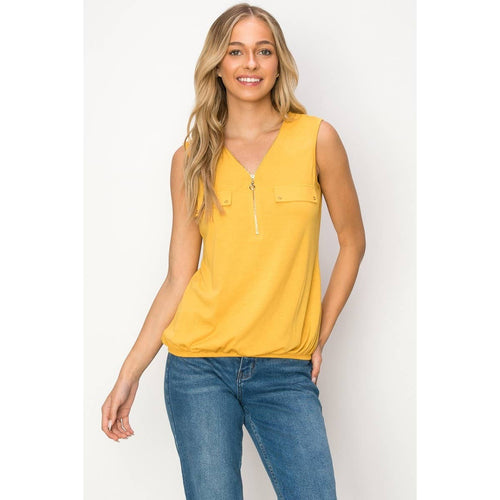 Perseption - Zipper Placket Front V Neck Sleeveless Knit Top
