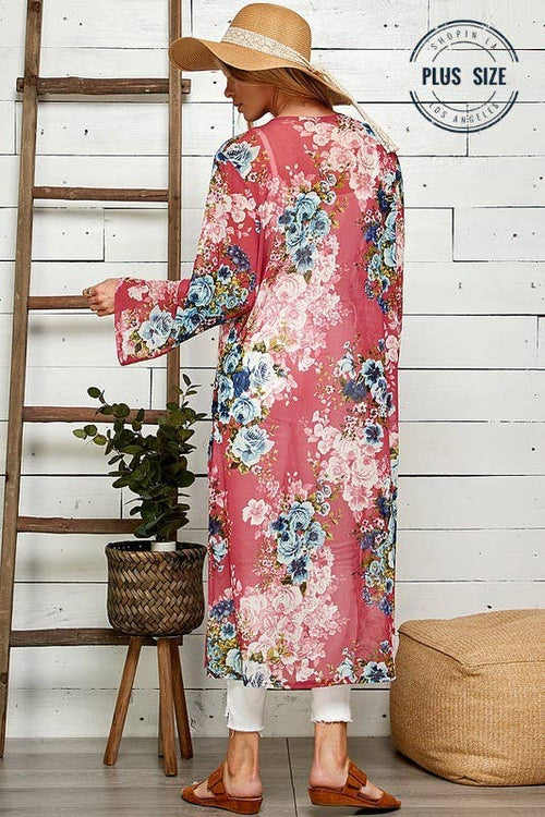 Shopin LA - SG21050AP - PLUS FLORAL PRINT MESH KIMONO WITH SIDE SLIT