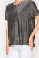 Origami Apparel ~  Lace and Crochet inspired - SUBTLY SPARKLY LUREX FABRIC SHORT SLEEVE TUNIC TOP4874BK-SIL