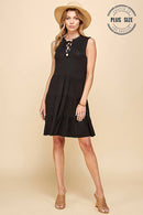 Shopin LA - SPD7008P  PLUS SOLID SLEEVELESS FRONT LACE TIERED DRESS
