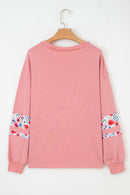 Peach Blossom Flower Applique Patchwork Drop Sleeve Pullover Sweatshirt