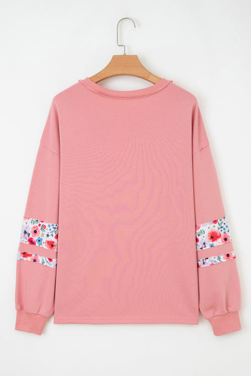 Peach Blossom Flower Applique Patchwork Drop Sleeve Pullover Sweatshirt