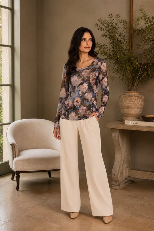 Adore - 90452-A4 Painterly Rose Long Sleeve Mesh Top