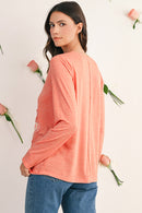 Fresh Salmon Floral Patched V Neck Long Sleeve Top