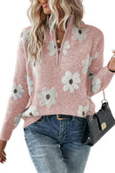 Pink Vintage 60s Floral Pattern Half Zip Collar Drop Shoulder Sweater