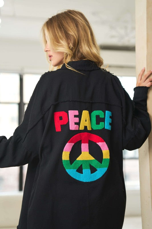 MULTI COLOR LETTERING PEACE SYMBOL BUTTON UP JACKET