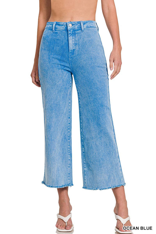 42POPS - ",,..Acid Washed Frayed Cutoff Hem Straight Wide Pants