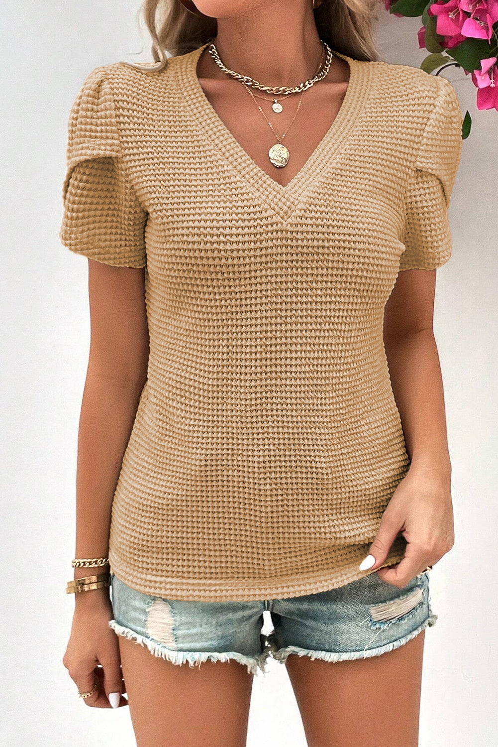White Tulip Sleeve Waffle Knit V Neck T-Shirt