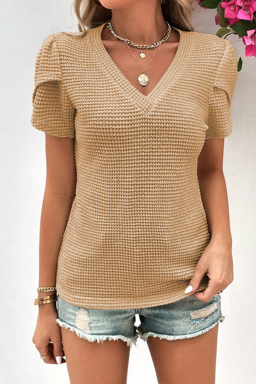 White Tulip Sleeve Waffle Knit V Neck T-Shirt