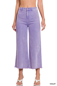 42POPS - ",,..Acid Washed Frayed Cutoff Hem Straight Wide Pants