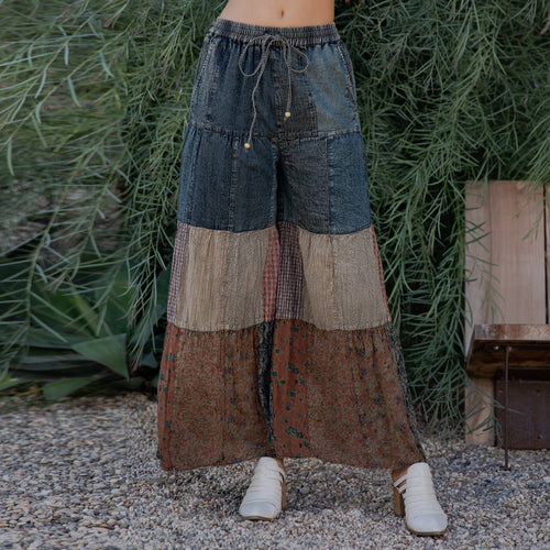 Young Threads - Boho chic Tiered Patch Inserted Denim &Knit Pants(New Color)