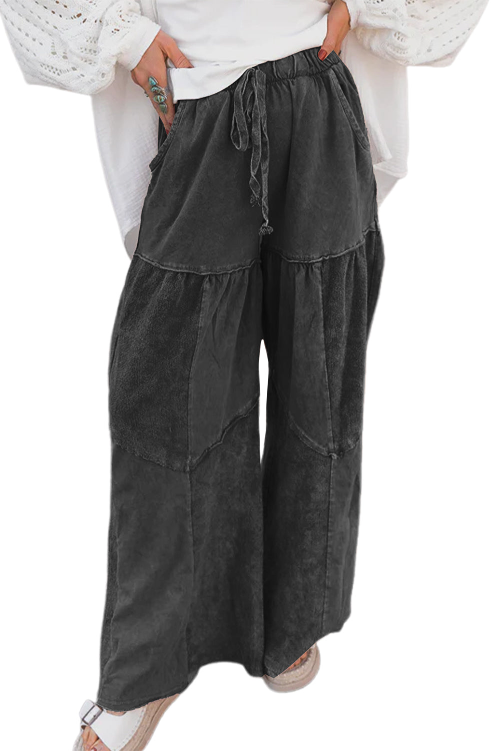 Mineral Wash Tiered Wide Leg Patchwork Drawstring Pants