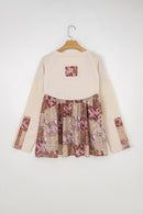 Beige Paisley Ethnic Print Waffle Patchwork Long Sleeve Loose Top