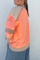 Grapefruit Orange Plaid Waffle Flower Patchwork Bracelet Sleeve Top