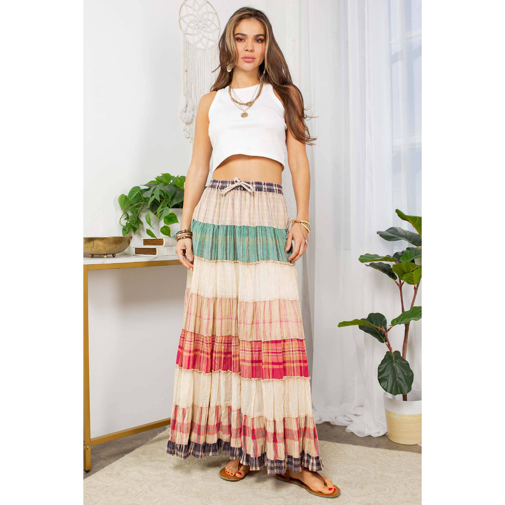 Young Threads - Vintage Vibes: Crinkled Tiered Skirt With Mixed Cotton Dobby