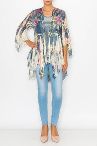 Origami Apparel ~  Lace and Crochet inspired - OLS-4618 BG/DENIM ROSE CARDIGAN