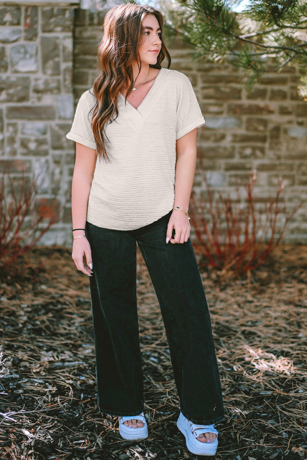 Pale Khaki Solid Color V-Neck Textured Blouse