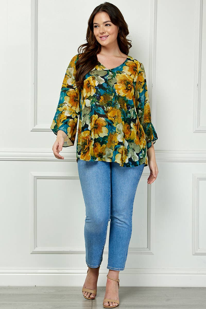 Winslow Collection - PLUS SIZE RUFFLE SLEEVE V-NECK SWING BLOUSE