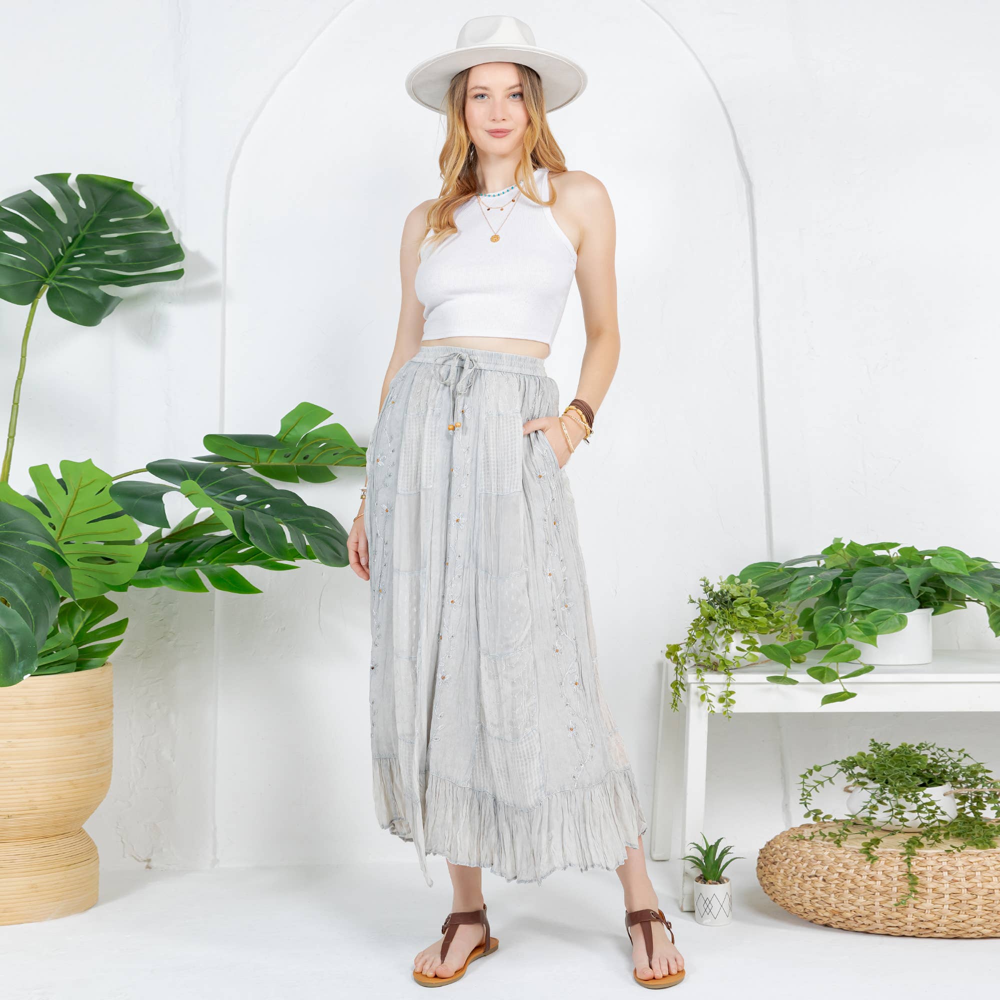 Young Threads - Women Patchwork Embroidered Maxi Skirt With Side Pockets: CHARCOAL TRIM / REGULAR (S-M-L-XL 1-2-2-1)