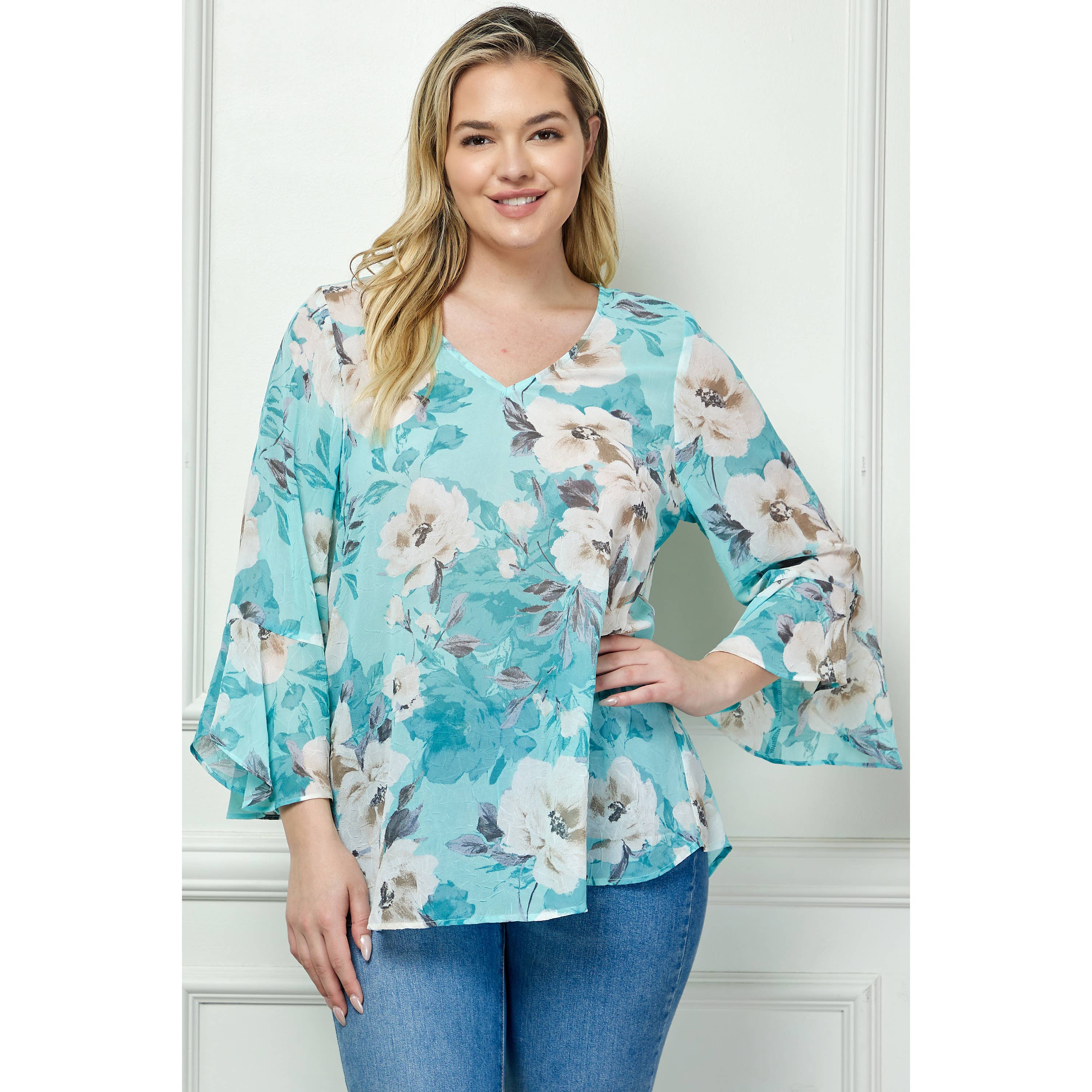 Winslow Collection - PLUS SIZE RUFFLE SLEEVE V-NECK SWING TOP