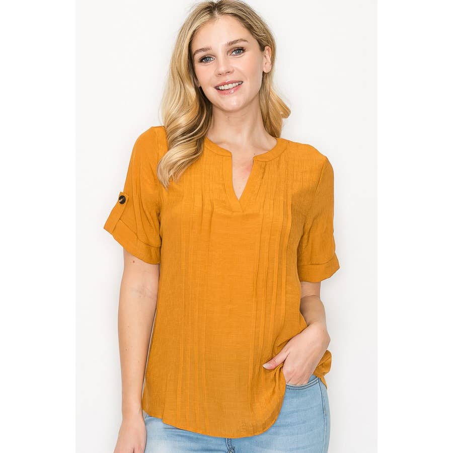 Perseption - Pintuck Front Roll Tab Short Sleeve Mandarin Shirt