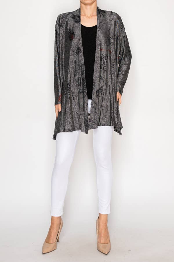 Origami Apparel ~  Lace and Crochet inspired - Printed Shimmery Lurex Cardigan - OLS-4883BK-SIL RNR
